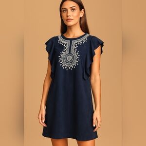 Navy Blue Dress with White Embroidery